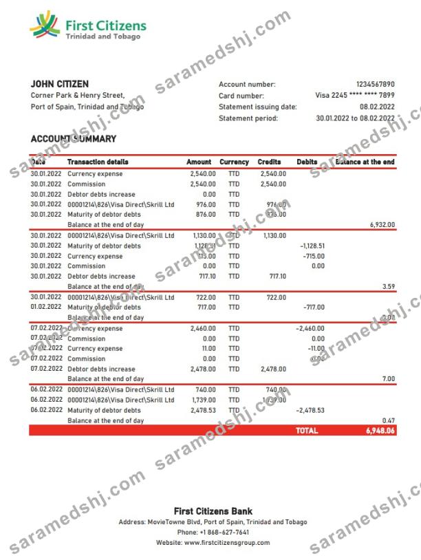 Trinidad and Tobago First Citizens bank statement xls